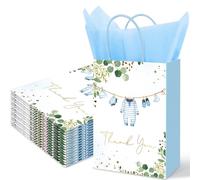 Whaline 24Pcs Baby Shower Bags with Tissue Paper Gift Bag with Blue Handle Gold Foil Greenery Clothesline Candy Goodie Treat Bags for Birthday Baby Shower Party Favor Supplies