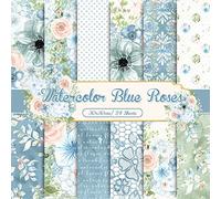 Whaline 24Pcs Blue Floral Pattern Paper 30x30cm Watercolor Flower Double-Sided Scrapbook Paper Blue Craft Paper Folded Flat for DIY Decorative Background Card Making Photo Album Junk Journal Decor