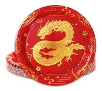 Whaline 24Pcs Chinese New Year Paper Plates Gold Foil Dragon Disposable Plates Red Gold Dinner Plates Spring Festival Dessert Plates for Holiday Party Table Decor Supplies, 9 Inch