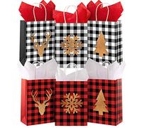 Whaline 24pcs Christmas Bags with Tissue Paper Red Black Buffalo Plaid Kraft Paper Bag Snowflake Reindeer Xmas Tree Candy Treat Bags Reusable Grocery Goodie Bags for Party Favor, 6 Design