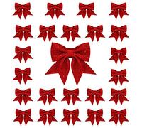 Whaline 24pcs Christmas Bow Decorations, Red Wreaths Bows, Small Christmas Tree Bow, 5.5in Sequin Bow Ties, Xmas Decorative Bows Ornaments for Home Christmas Party