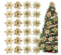 Whaline 24Pcs Christmas Poinsettia with 24Pcs Clips 4 Design Glitter Gold Artificial Flower Winter Party Supplies for Xmas Tree Ornament Wedding Birthday Wreath Decoration