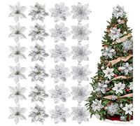 Whaline 24Pcs Christmas Poinsettia with 24Pcs Clips 4 Design Glitter Silver Artificial Flower Winter Party Supplies for Xmas Tree Ornament Wedding Birthday Wreath Decoration