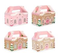 Whaline 24Pcs Christmas Treat Boxes with Handles Pink Gingerbread House Goodie Candy Bags Xmas Gable Paper Gift Containers for Cookie Snack Present Party Favor Supplies, 4 Designs