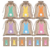 Whaline 24Pcs Easter Burlap Bag Drawstring Gift Bag Easter Bunny Rabbit Linen Jute Bag with Fluffy Tail Gift Pouch Bag Hunt Bag Party Favor Bag Chocolate Sweet Bags for Easter Birthday Treats Goodie
