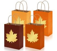 Whaline 24Pcs Fall Paper Bag Gold Foil Maple Leaf Treat Bags with Handles Red Brown Orange Candy Goodie Bags for Autumn Thanksgiving Party Favors Supplies