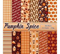 Whaline 24Pcs Fall Pattern Paper 30x30cm Maple Leaves Pumpkin Drinks Plaid Double-Sided Scrapbook Specialty Paper for DIY Decorative Background Card Making Photo Album Junk Journal Decoration
