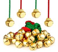 Whaline 24Pcs Gold Jingle Bell with Red Green Rope Hanging Christmas Bell Necklace Large Metal Jingle Bell Xmas Hanging Ornaments for Christmas Tree DIY Craft Holiday Party Decoration Supplies