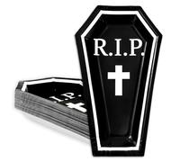 Whaline 24Pcs Halloween Paper Plate Coffin Shape RIP Disposable Plate Black White Dinnerware Plate for Party Supplies Table Decor, 9.8 x 5.9 in