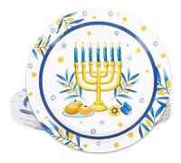 Whaline 24Pcs Hanukkah Paper Plates Menorah Chanukah Disposable Plates Watercolor Blue White Dinner Plates for Winter Holiday Party Supplies Table Decor, 9 Inch