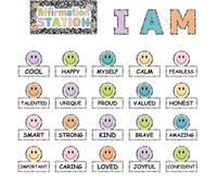 Whaline 24Pcs Happy Face Affirmation Station Bulletin Board Set Positive Affirmation Cutout Boho Smile Face Motivational Poster for Back to School Classroom Home Decor