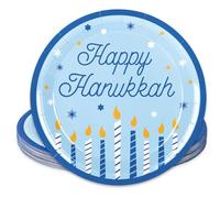 Whaline 24Pcs Happy Hanukkah Paper Plate Blue Candle Star Disposable Dinner Plate Chanukah Tableware Plate For Party Supplies Table Decor, 9 Inch