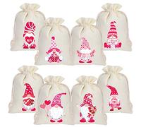 Whaline 24Pcs Valentine's Day Burlap Gift Bags Pink Gnome Pattern Drawstring Candy Bags Rustic Linen Pouches Sacks for Valentine's Day Party Favors Wedding Bridal Shower Supplies, 5 x 7Inch