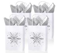 Whaline 24Pcs Winter Christmas Paper Bag with 30 Sheets Silver Tissue Paper White Silver Foil Snowflake Treat Bags with Handles Candy Goodie Bags for Xmas Party Favors Supplies