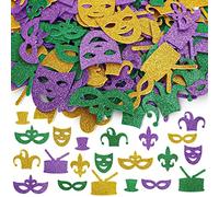 Whaline 252Pcs Mardi Gras Glitter Foam Stickers Masquerade Mask Fleur-De-Lis Drum Pattern Foam Decals Gold Green Purple Self-Adhesive Stickers for Carnival Party Decoration Scrapbook DIY Crafts