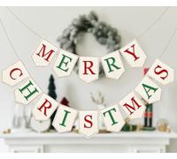 Whaline 2Pcs Christmas Burlap Banner Felt Merry Christmas Banner Red Green White Xmas Bunting Garland Pre-Assembled Celebration Hanging Decorations for Home Party Supplies