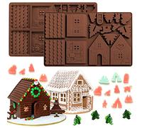 Whaline 2pcs Christmas Chocolate Candy Mould Gingerbread House Mold Silicone Xmas Baking Cookie Mould Non Stick for Ice Cube Jelly Cake Pudding Fondant, Christmas Party Decorations Supplies