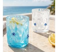 Whaline 2Pcs Evil Eye Icon Juice Glass 14 Oz Wine Glass Blue White Stemless Cocktail Drinking Cups for Home Party Favors Supplies