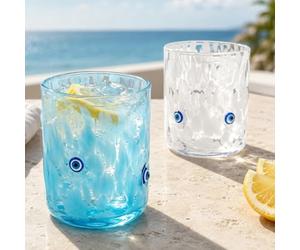 Whaline 2Pcs Evil Eye Icon Juice Glass 14 Oz Wine Glass Blue White Stemless Cocktail Drinking Cups for Home Party Favors Supplies