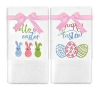 Whaline 2Pcs Happy Easter Hand Towels Cotton Embroidered Colorful Eggs Bunny Bathroom Towel with Pink Ribbon Spring Rabbit Dish Towel for Hand Drying Cleaning Cooking Gift