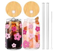 Whaline 2Pcs Retro Boho Flower Drinking Glasses with Bamboo Lids and Straw 16oz Pink Purple Daisy Flower Ice Coffee Cup Beer Glass Can Floral Glass Cup for Cocktails Whiskey Beer Soda Gifts
