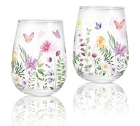 Whaline 2Pcs Spring Stemless Wine Glasses 17oz Watercolor Floral Butterfly Drinking Glasses Wild Flower Tumbler Cups for Party Supplies Gifts