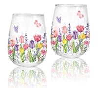 Whaline 2Pcs Spring Summer Stemless Wine Glasses 17oz Tulip Lavender Butterfly Drinking Glasses Watercolor Tumbler Cups for Spring Summer Birthday Party Supplies