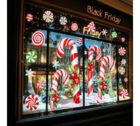 Whaline 3 Sheets Christmas Window Clings Extra Large Window Stickers Double Sided Red Green Candy Cane Holly Berry Glass Decals for Winter Xmas Home Classroom Office Party Decoration