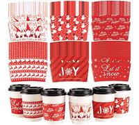Whaline 30 Pack Christmas Coffee Tea Cup Sleeves Red Double-Layer Paper Sleeves for 12 and 16oz Paper Cup Disposable Snowman Santa Cup Paper Jacket for Hot Chocolate Cocoa Cold Beverage, 6 Design
