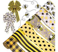 Whaline 30 Yard Bumble Bee Ribbon 6 Design Yellow Black Dots Plaid Strip Wired Edge Ribbon Summer Fabric Craft Decorative Ribbon for Gift Wrapping Birthday Party Decor Hair Bow Sewing
