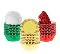 Whaline 300 Pcs Christmas Cupcake Cases Foil Metallic Cupcake Cases for Christmas Party, Weddings, Birthdays, Baby Showers, Standard Size (Red, Green, Gold)