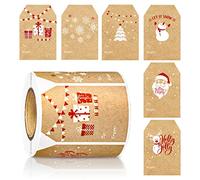 Whaline 300Pcs Christmas Kraft Tag Stickers Self-Adhesive Name Tag Stickers 6 Design White Red Present Sticker Santa Snowman Snowflake Xmas Tree Gift Label Sticker for Box Cards Envelope Sealing