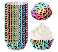 Whaline 300Pcs Leopard Print Cupcake Liner Neon Animal Spot Paper Baking Cup Rainbow Muffin Liner Cake Storage Container For Party DIY Craft, 2 x 1.2 Inch