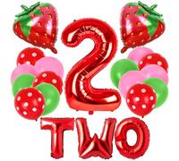 Whaline 30Pcs Strawberry Two Birthday Decoration Supplies Number 2 Balloon Letter TWO Balloons Strawberry Balloon Pink Green Balloon for Berry Cute Sweet Birthday Party Decor