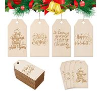 Whaline 32Pcs Christmas Wooden Gift Tags Rustic Happy Holiday Present Tags with 32.8Ft Jute Twine Xmas Wood Hanging Label Name Tags for Christmas Winter Party Favor Gift Wrapping Decoration