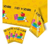 Whaline 3Pcs Back to School Tablecloth 54 x 108 Inch Waterproof Table Cover Yellow Cartoon Ruler Design Plastic Table Cloth for First Day of School Classroom Party Decor Supplies