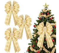 Whaline 3Pcs Christmas Bow Tree Topper Gold Xmas Large Bow with Snowflakes Glitter Handmade Decorative Bow for Christmas Tree Wreath Crafts DIY Decor Winter New Year Wall Festival Holiday Party