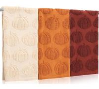 Whaline 3Pcs Fall Hand Towel Beige Orange Brown 3D Pumpkin Jacquard Cotton Towel Absorbent Dish Towels for Autumn Harvest Thanksgiving Kitchen Bathroom, 13.8 x 29.5 Inch