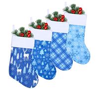 Whaline 4 Pack Christmas Stockings 18Inch Large Blue White Hanging Stockings Snowflakes Plaids Xmas Tree Reindeer Printed Flannel Stockings for Christmas Holiday Fireplace Party Decor Supplies