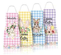 Whaline 4 Pack Happy Easter Aprons Buffalo Plaid Chef Cooking Aprons Colorful Bunny Egg Flower Adjustable Washable Kitchen Apron Collection for Spring Dinner Baking BBQ Grilling Supplies