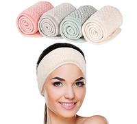 Whaline 4 Pack Spa Facial Headband Super Absorption Makeup Hair Wrap Adjustable Coral Fleece Hair Band Soft Towel Head Band for Face Washing, Shower Sports Yoga (Pea Green, Pink, Beige, Light Gray)
