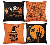 Whaline 4 Pieces Halloween Pillow Case, Orange and Black Pillow Cover, Happy Halloween Linen Sofa Bed Throw Cushion Cover Decoration (18" x 18")