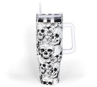 Whaline - 40 oz Halloween Skull Coffee Tumbler with Straw and Lid - Spooky Skull Design Coffee Cup with Handle for Birthday Party Gift