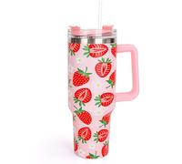 Whaline 40 Oz Strawberry Tumbler with Handle Straw and Lid Summer Strawberry Travel Tumbler Red Pink Coffee Cup for Women Friend Holiday Birthday
