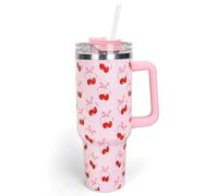 Whaline 40oz Pink Bow Cherry Tumbler with Handle Straw and Lid Coquette Bowknot Cherries Travel Tumbler Coffee Cup for Women Friend Holiday Birthday