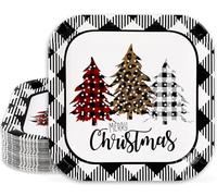Whaline 40Pcs Merry Christmas Paper Plate Square Plaid Xmas Tree Disposable Plate White Black Checkered Dinnerware Plate 9 Inch For Winter Party Supplies Table Decor