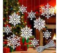 Whaline 40Pcs White Glitter Snowflake Winter Snowflake Ornaments Christmas Hanging Decorations with 197 Inches Silver Rope for Wedding Birthday Home Xmas Tree Window Door Accessories