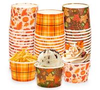 Whaline 48 Pcs Fall Snack Cups Autumn Plaid Pumpkin Leaves Disposable Bowls 9oz Ice Cream Dessert Treat Paper Bowls for Thanksgiving Harvest Holiday Party Food Supplies