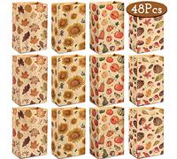 Whaline 48Pcs Thanksgiving Fall Flat Treat Bags Kraft Paper Bags Pumpkins Maple Leaves Sunflowers Nuts Patterned Grocery Bag Small Goodie Bag Candy Gift Bags for Party Favor Supply