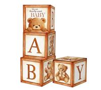 Whaline 4Pcs Bear Baby Shower Decoration Boxes 11.8 Inch Cute Bear Baby Letters Balloon Box Blocks for Nursery Classroom Birthday Gender Reveal Backdrop Decor Photo Props